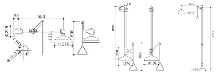 1.2 libras peso Fabricantes de cabines de chuveiro de emergência com montagem de parafuso e 90 graus de balanço de cabeçalho cerâmico 1