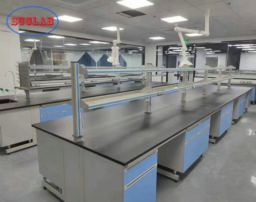 Bom preço Cores azuis claras Madeira de laboratório Ilha de mesa de trabalho Série de móveis de laboratório on-line